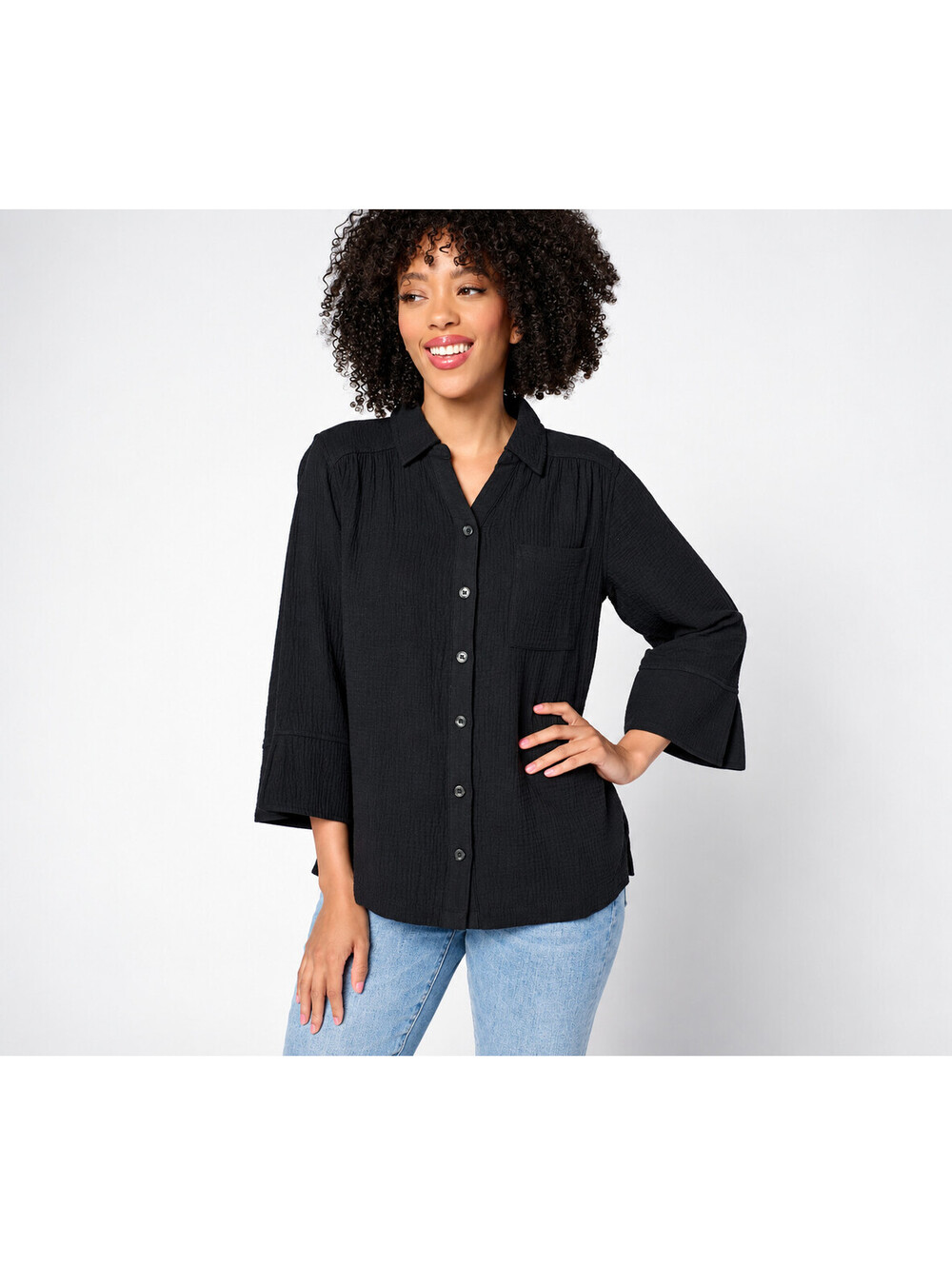 Belle by Kim Gravel Summer Sunset Cotton Gauze Button Up Shirt Black, Size 5X